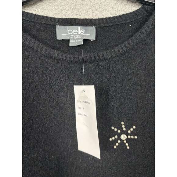 Belle By Belldini Women's Black Sweater Rhinestone Snowflake Design Large NWT's - Picture 7 of 8